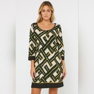 Ann Taylor LOFT S 6 Green White Yellow Geometric Sheath Dress Cuffed 3/4 Sleeves